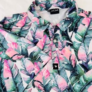 Bad Birdie Men’s Tropical Pink and Green Polo Performance Stretch Size Large